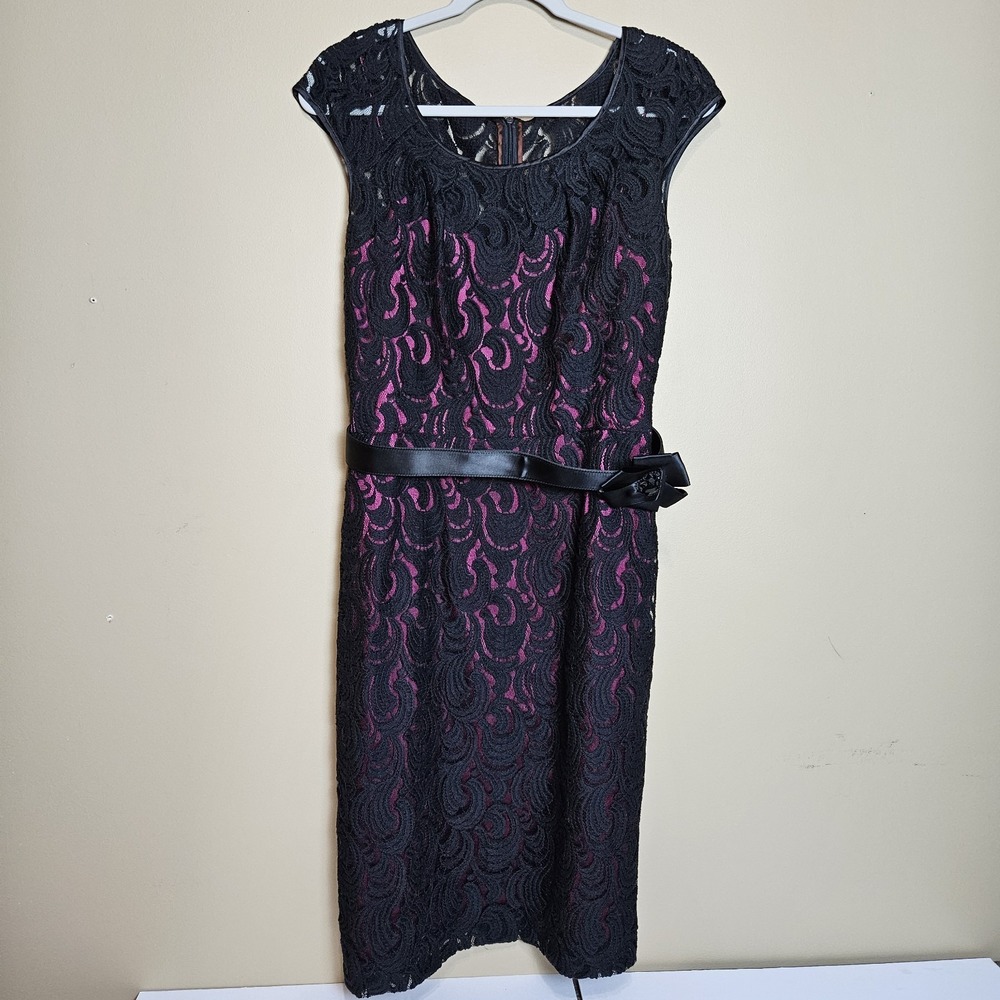 Tahari Arthur S Levine Black Lace Pink Sheath Dress Belted Size 6
